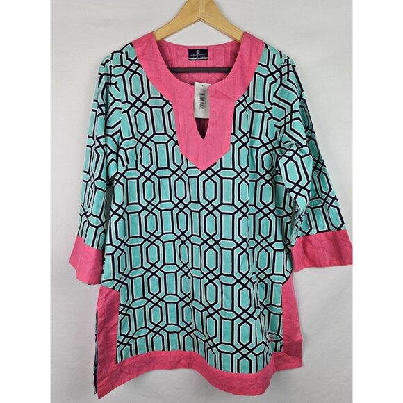 Simply Southern Women's Tunic Shirt Size Large Green Pink 3/4 Sleeve Baklava Top - Picture 1 of 10